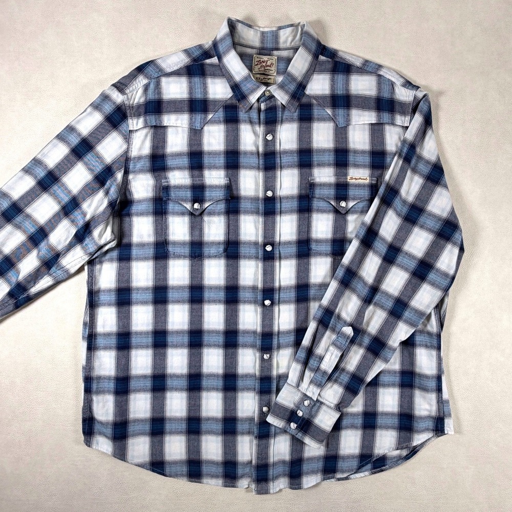 Lucky Brand Mens XXL Blue White Plaid Western Pearl Snap Long Sleeve Shirt